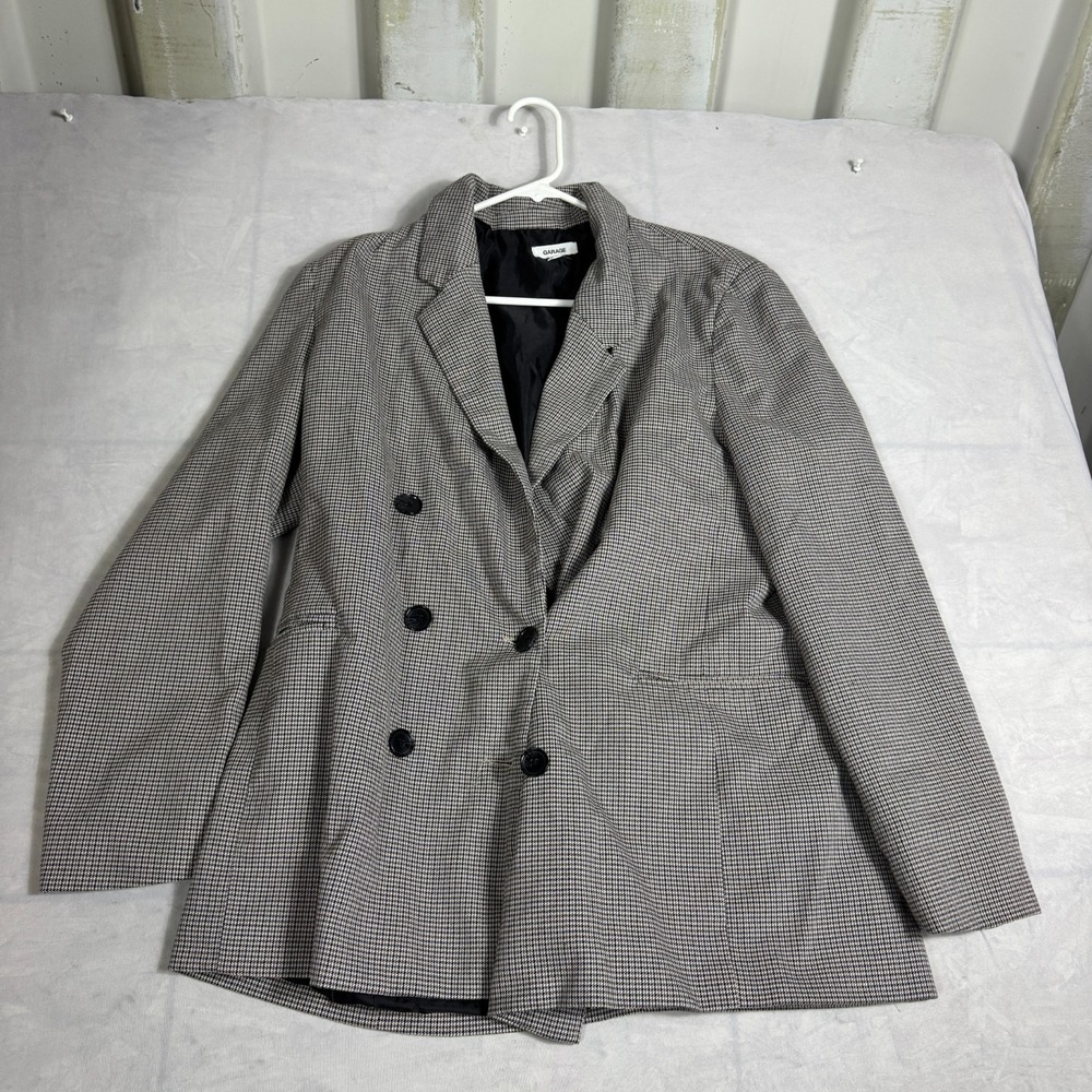 Garage Womens Double Breasted Blazer Black White Houndstooth Business Casual L‎